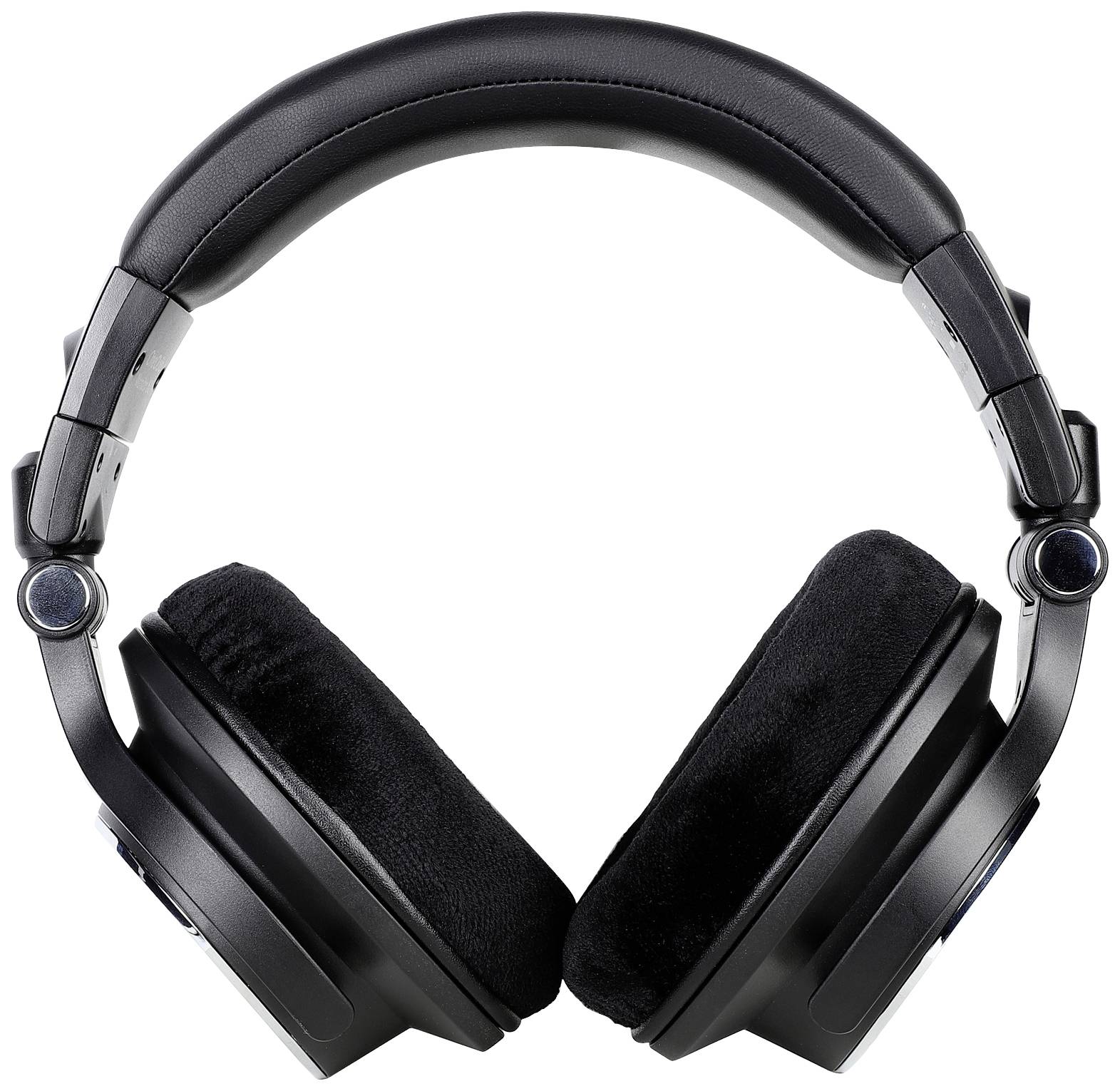 Zwarte, over-ear hoofdtelefoon met gepolsterde oorschelpen en verstelbare hoofdband, frontaal afgebeeld, op een witte achtergrond.