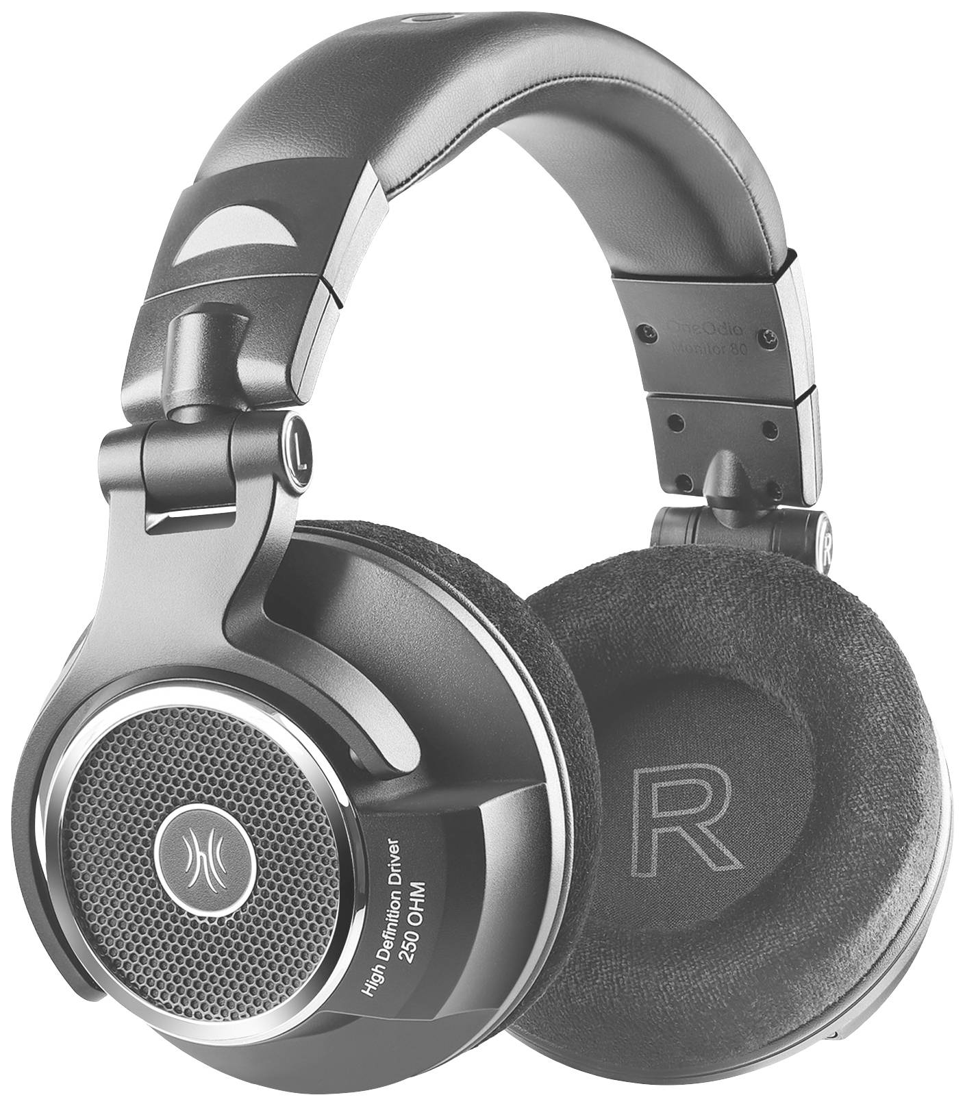 Zwarte over-ear koptelefoon met gepolsterde oorschelpen. De rechter oortelefoon is gemarkeerd met een 'R' voor rechts.