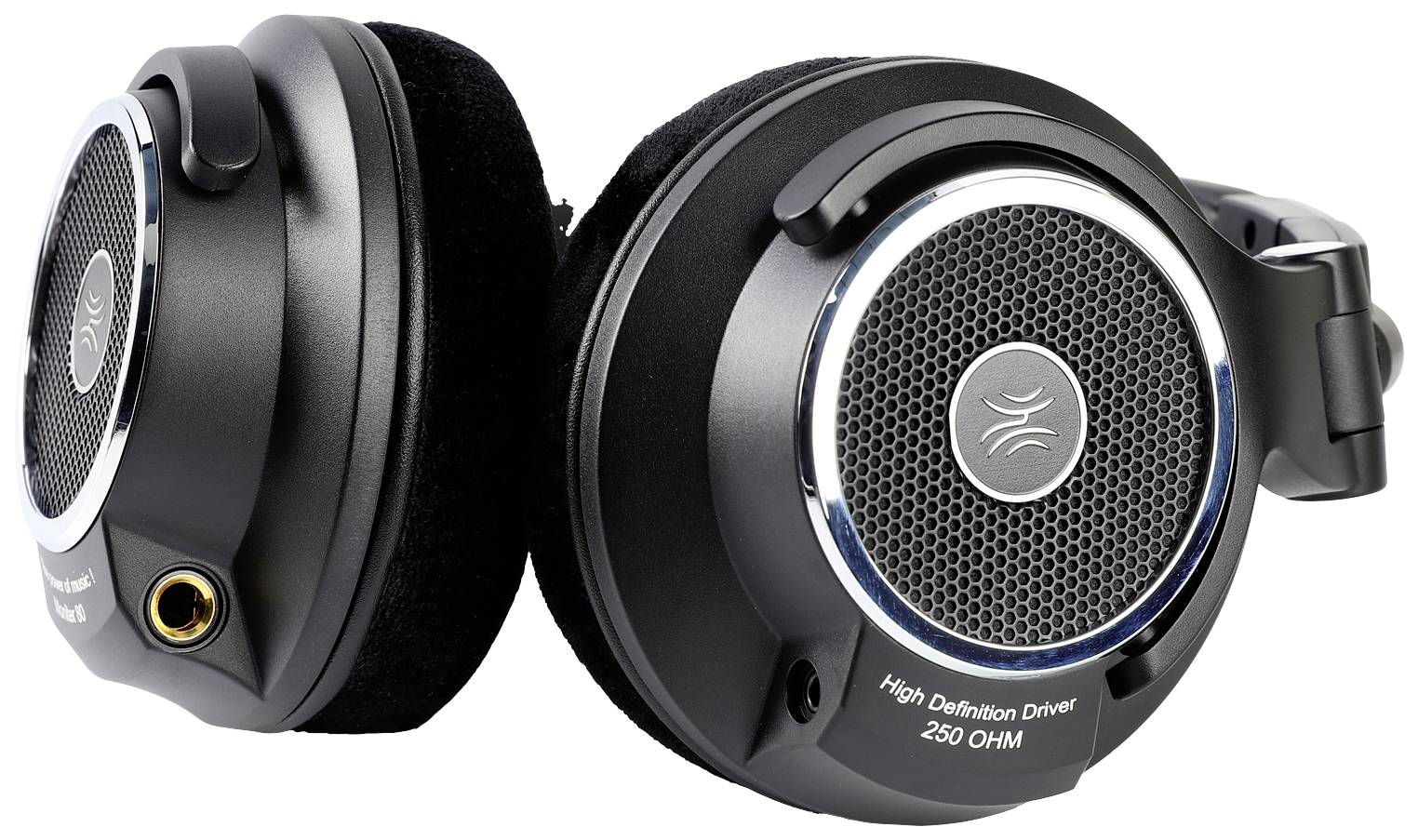 Zwarte over-ear koptelefoon met zilveren accenten en een rond roosterpatroon op de oorschelpen; 250 OHM High Definition Driver.