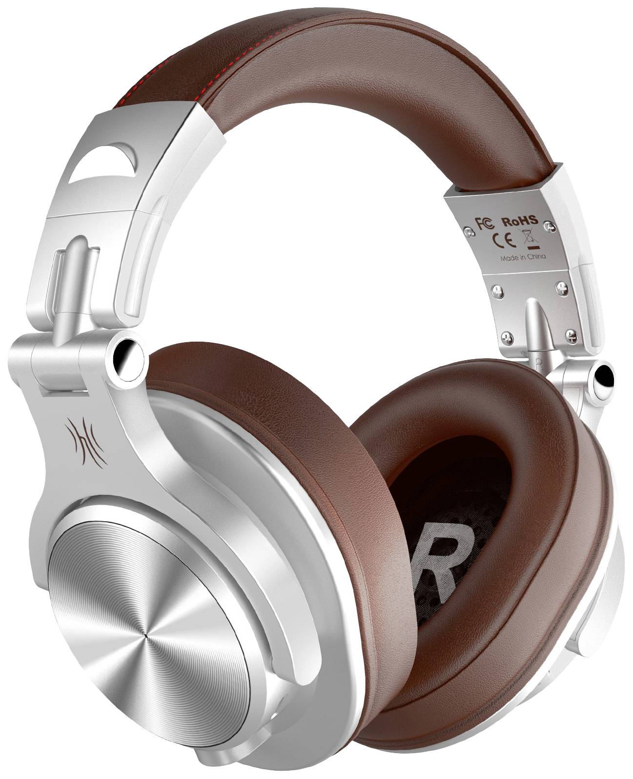 Een zilverkleurige en bruine over-ear koptelefoon met zachte oorschelpen en verstelbare hoofdband, geschikt voor muziekplezier.