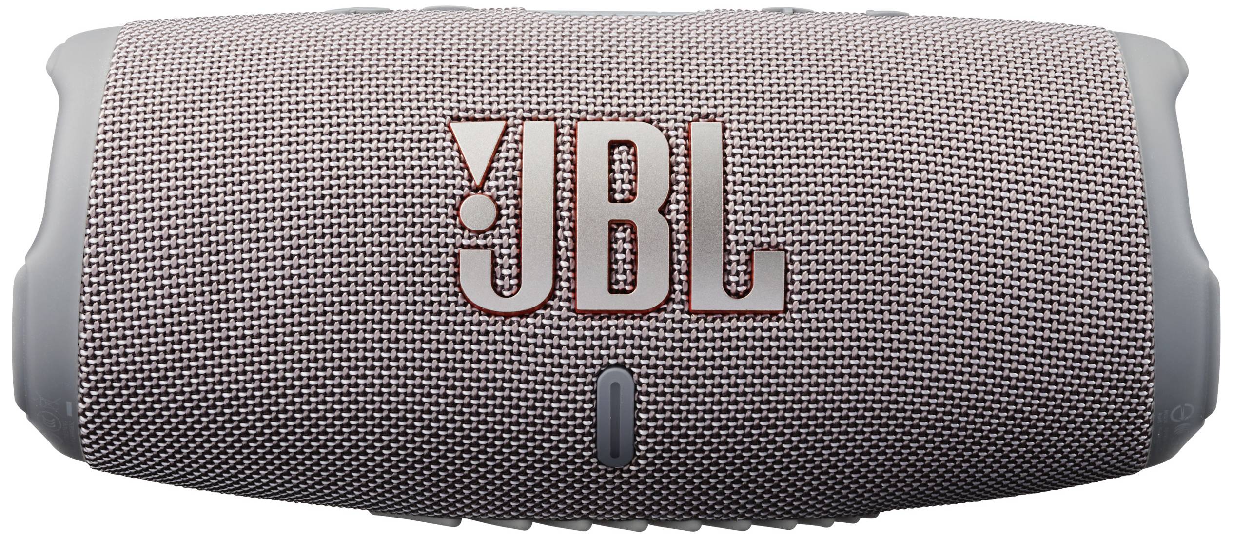 Een draagbare Bluetooth-speaker in grijze stof met het 'JBL'-logo.