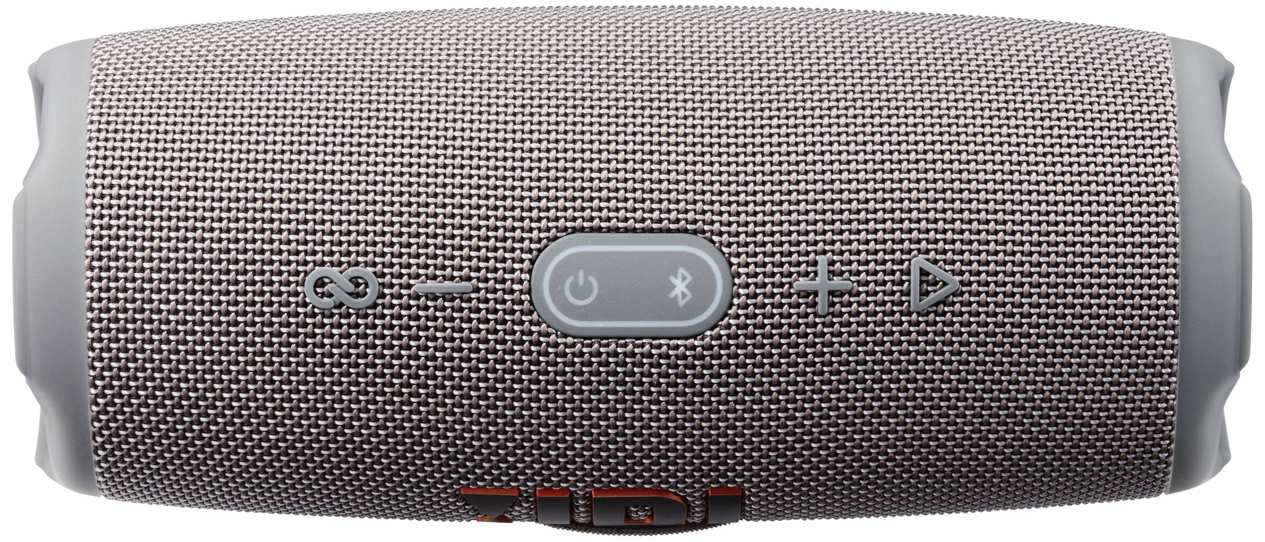 Draagbare luidspreker in het grijs met knoppen voor volume, Bluetooth en afspelen in het midden.
