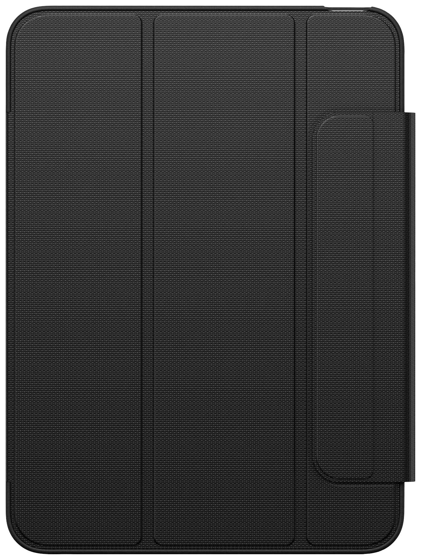 Zwart tablet- of iPad-hoesje met driedelige structuur die standaard mogelijk maakt. Vooraanzicht toont opvouwbaar design en duurzaam oppervlak.