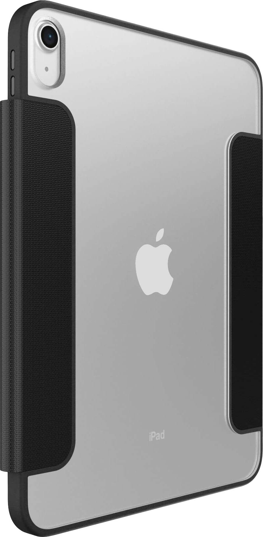 iPad in een beschermhoes, zijaanzicht met zichtbaar Apple-logo aan de achterkant. De hoes is zwart en bedekt de randen.