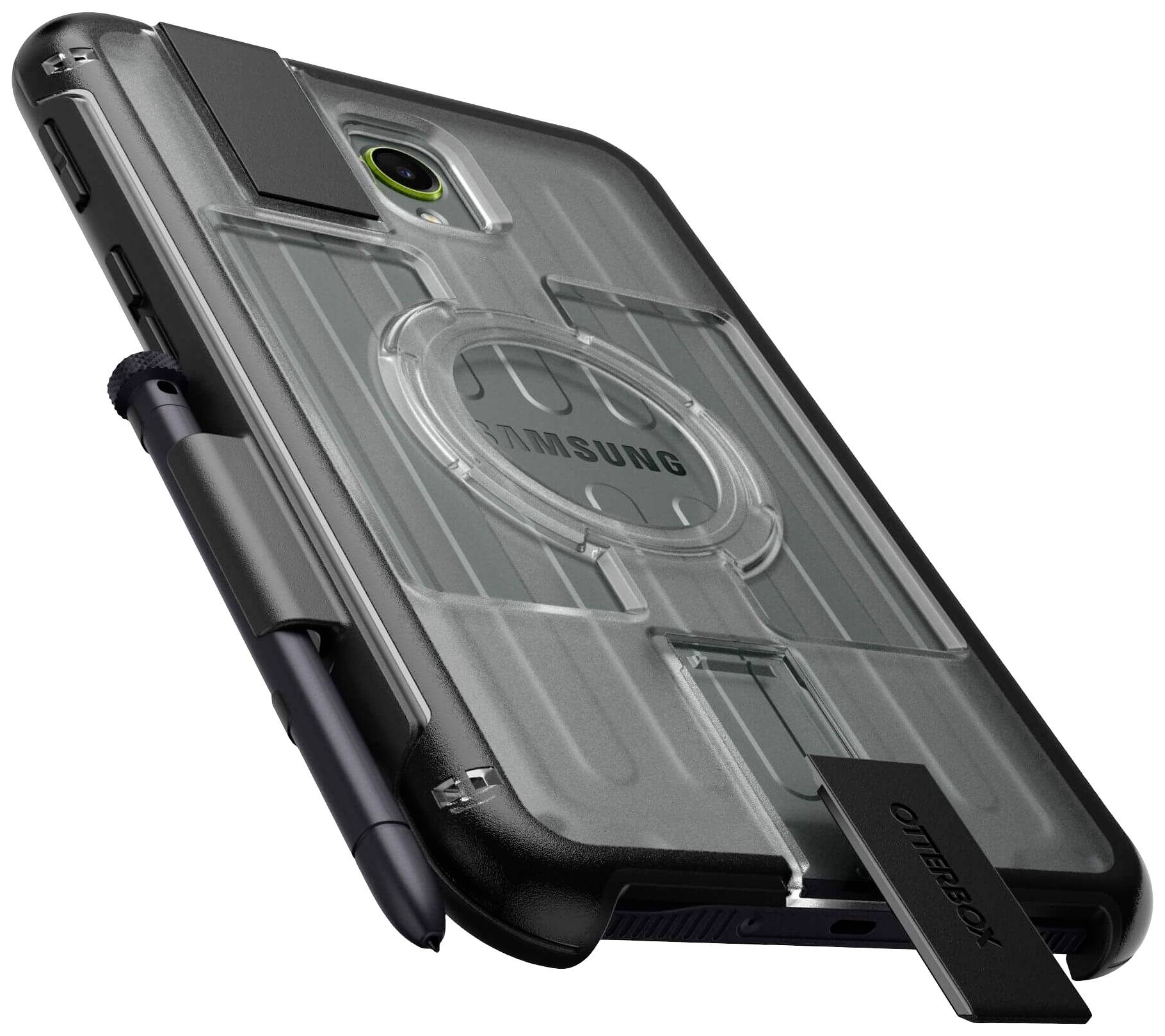 Een zwarte beschermhoes van Otterbox voor een Samsung-smartphone met een geïntegreerde penhouder aan de zijkant.