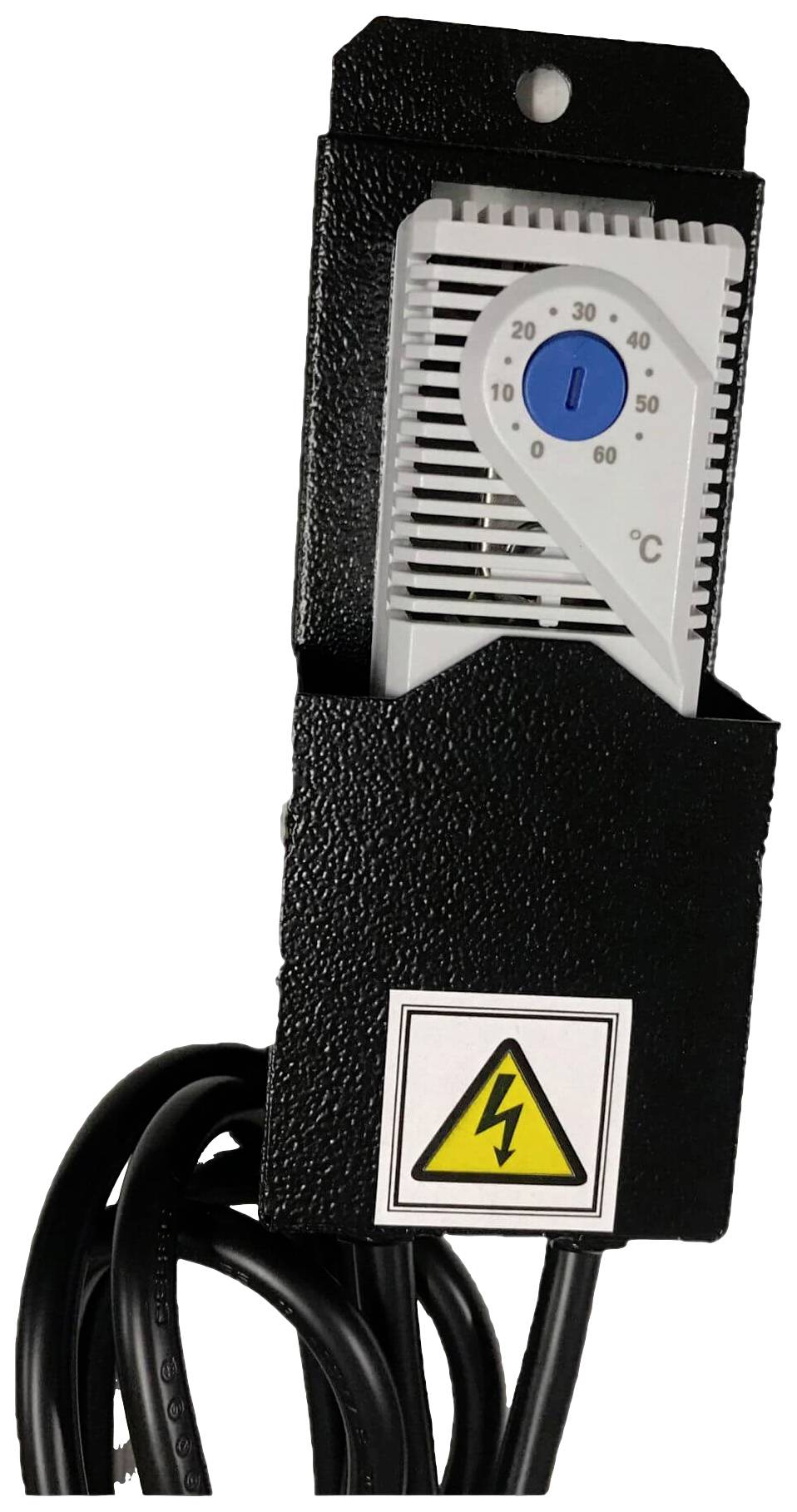 Zwart-grijs thermostaat met draaiknop van 0 tot 60°C, daaronder een geel waarschuwingssymbool voor hoogspanning.