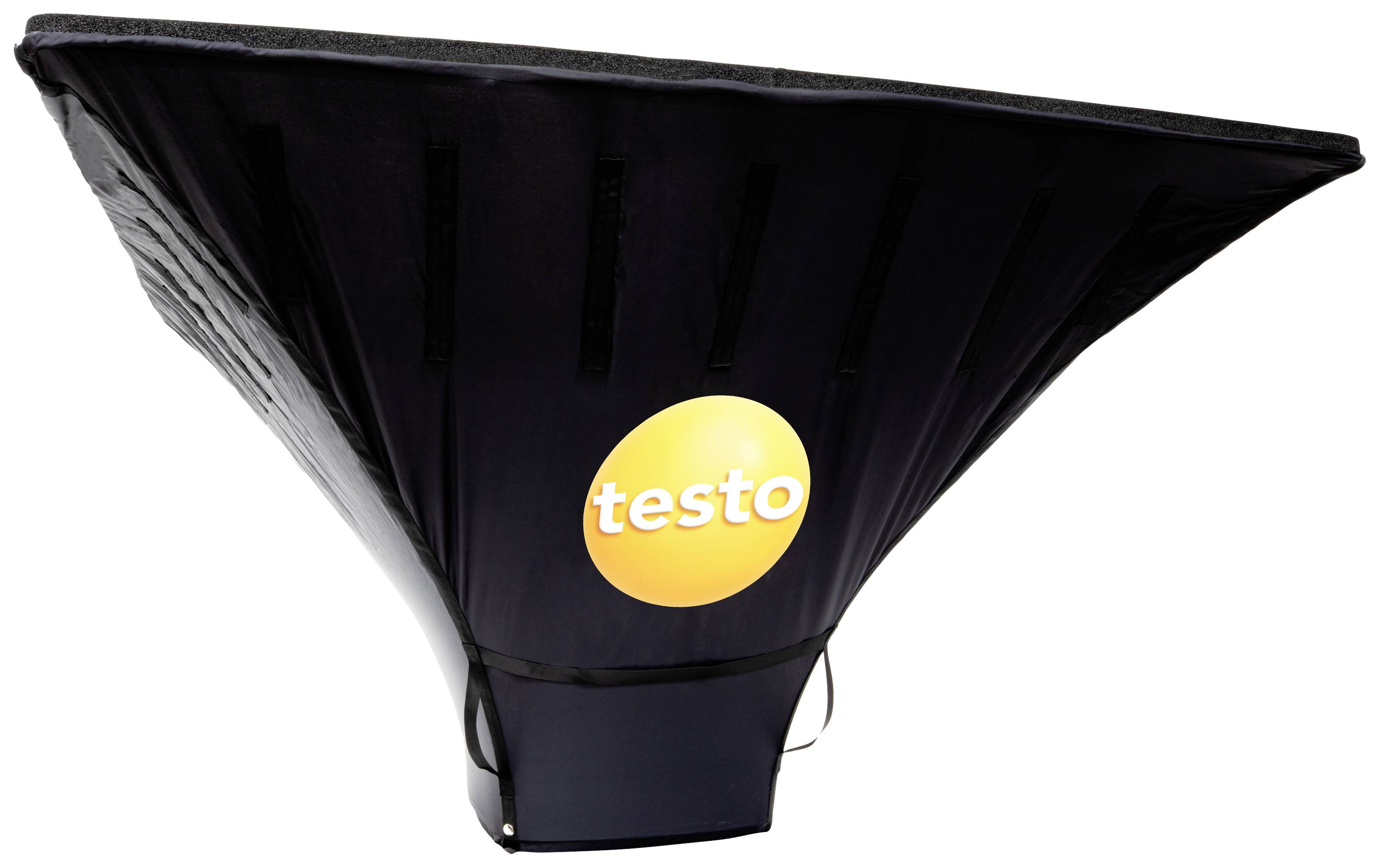 Een zwarte, grote luchttrechter, gemarkeerd met het gele logo 'testo', voor metingen van luchtvolumestroom in ventilatiesystemen.