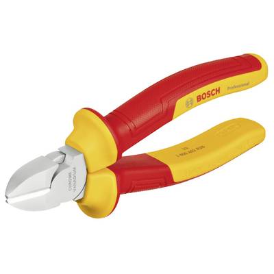 Geïsoleerde zijkniptang van Bosch, rood-geel, voor professionele elektrische werkzaamheden, met ergonomische handgreep.