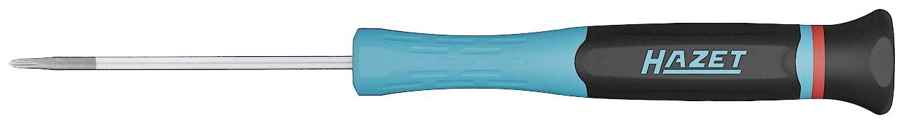 Schroevendraaier met blauwe handgreep, zwarte details en het opschrift 'Hazet'.