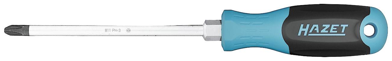 Een schroevendraaier met een blauw-zwarte handgreep en de opdruk 'HAZET' op de handgreep.