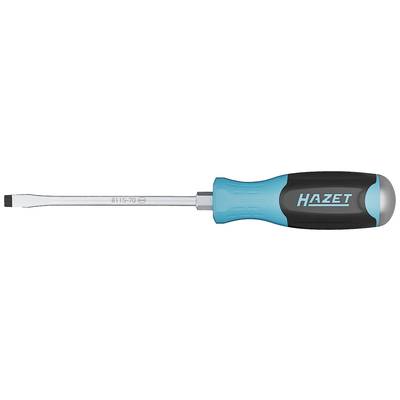 Platte schroevendraaier met een zwart-turquoise handgreep en de tekst 'Hazet' op de handgreep. Geschikt voor schroeven met sleufkop.