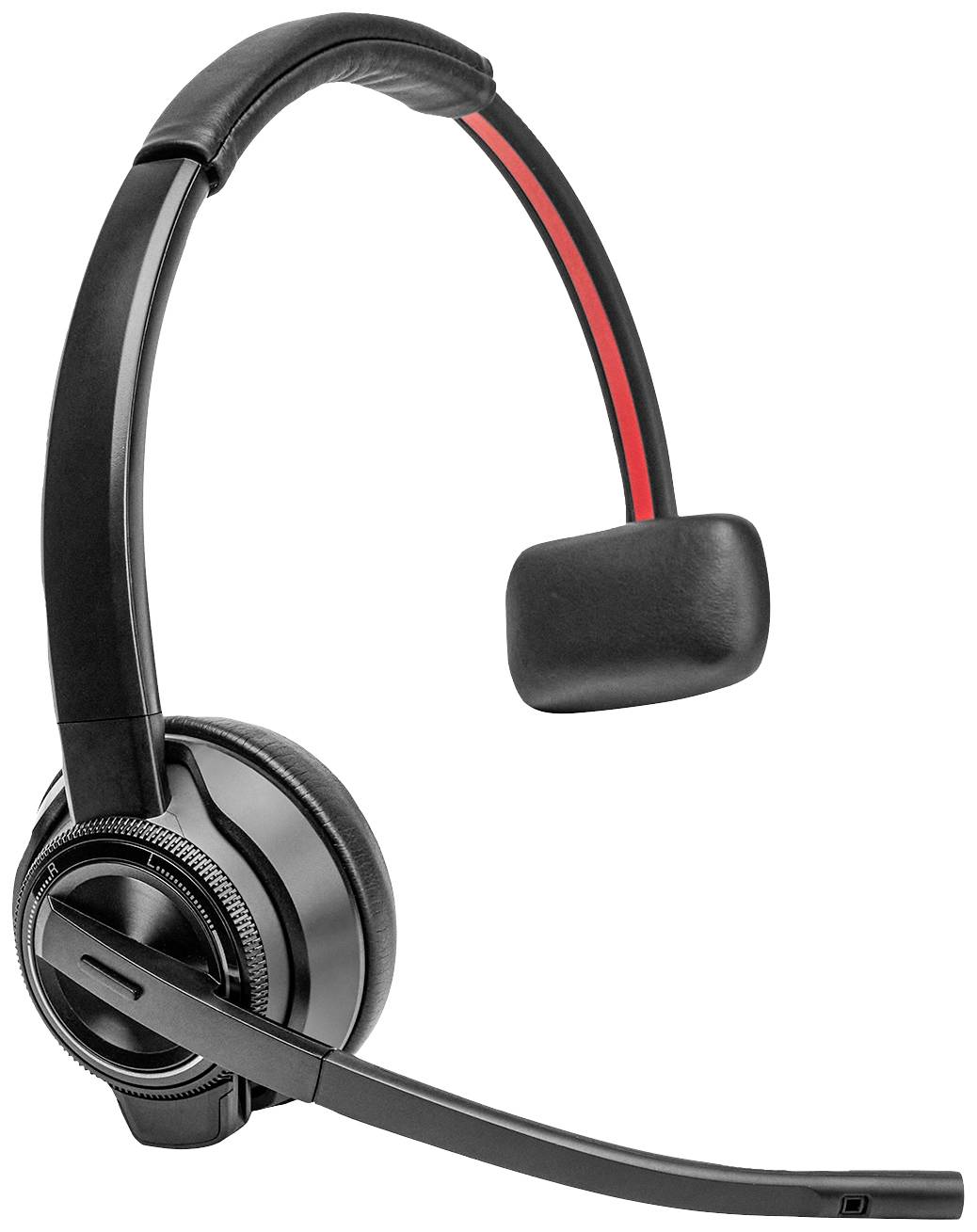 Eenzijdige, zwarte headset met verstelbare microfoonarm en gepolsterde oordop. Ideaal voor telefoongesprekken en online vergaderingen.
