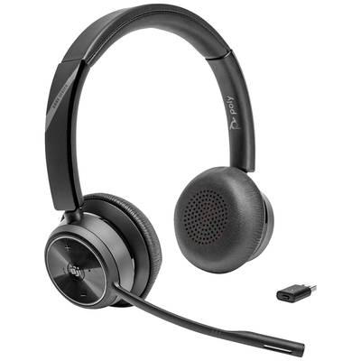 Zwart draadloos headset met microfoonarm en USB-A-dongle, merk Poly, geschikt voor pc-communicatie.