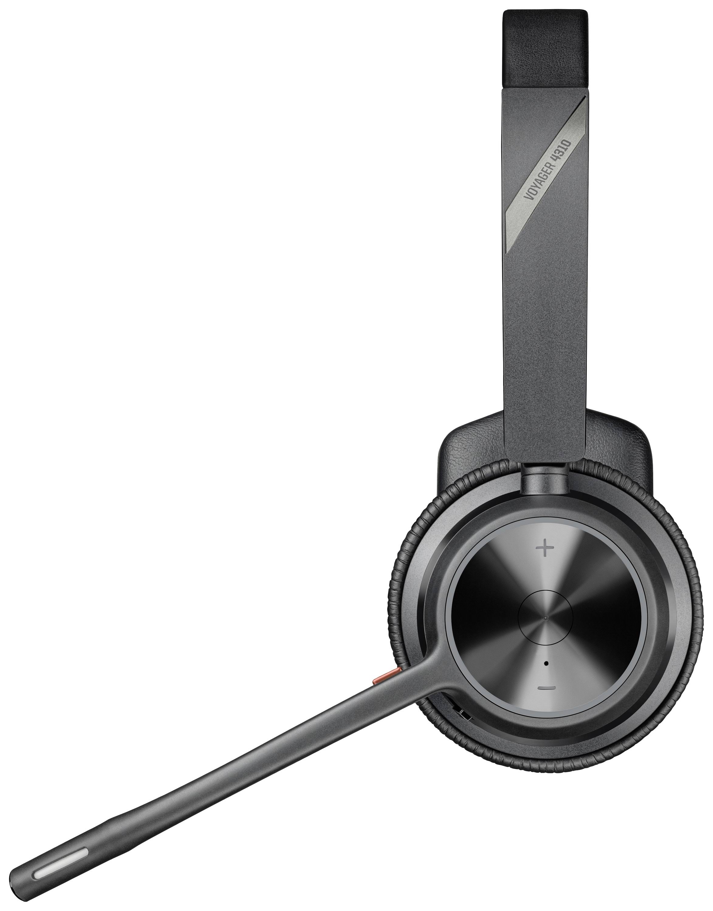 Een zwarte draadloze headset met microfoonarm, volumeregelaars en comfortabele oorschelpen, geschikt voor telefoongesprekken of muziek.