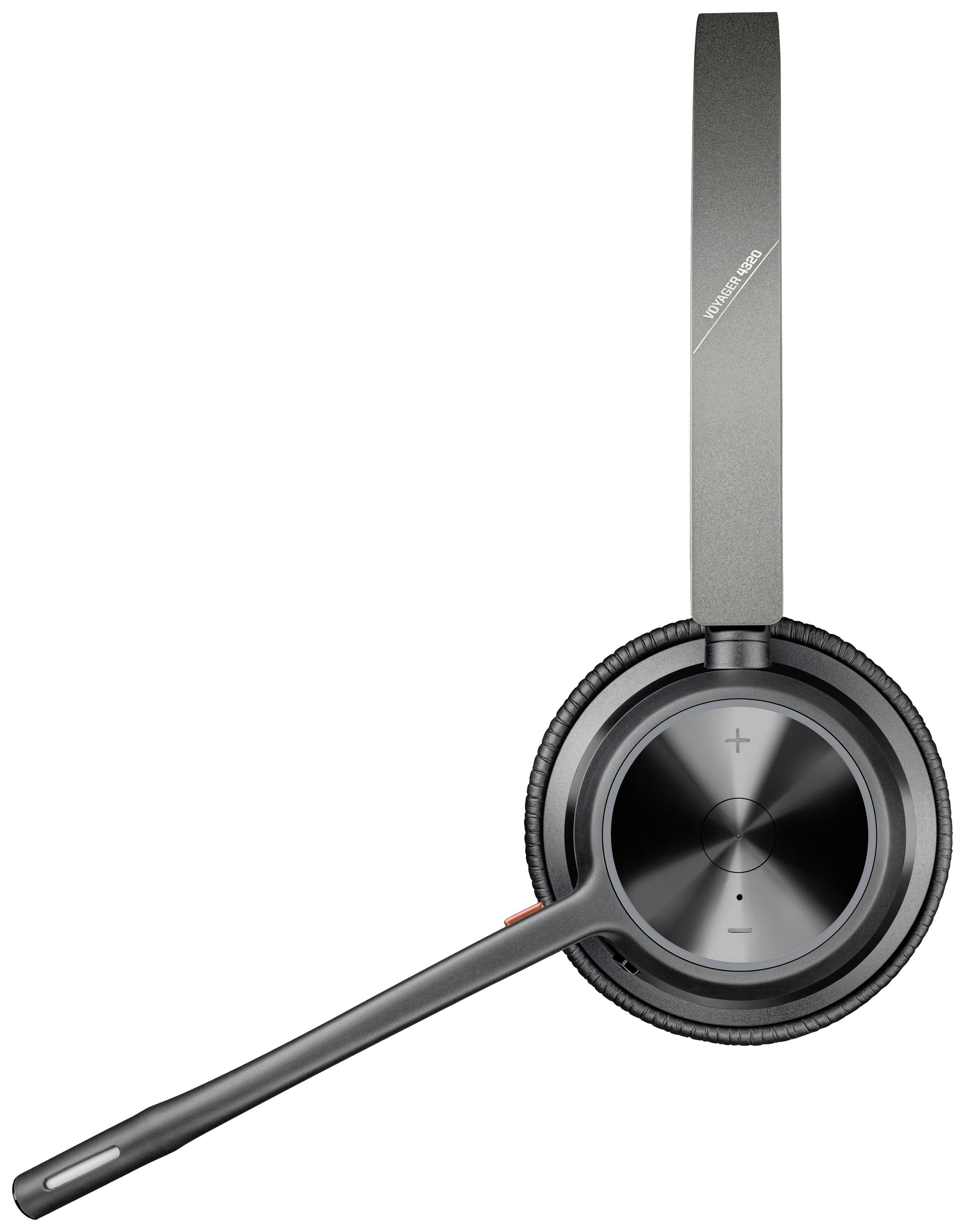 Zwart headset met microfoonarm en bedieningsknoppen, geschikt voor telefonische vergaderingen of muziek. Markering geeft volumeregelaar aan.