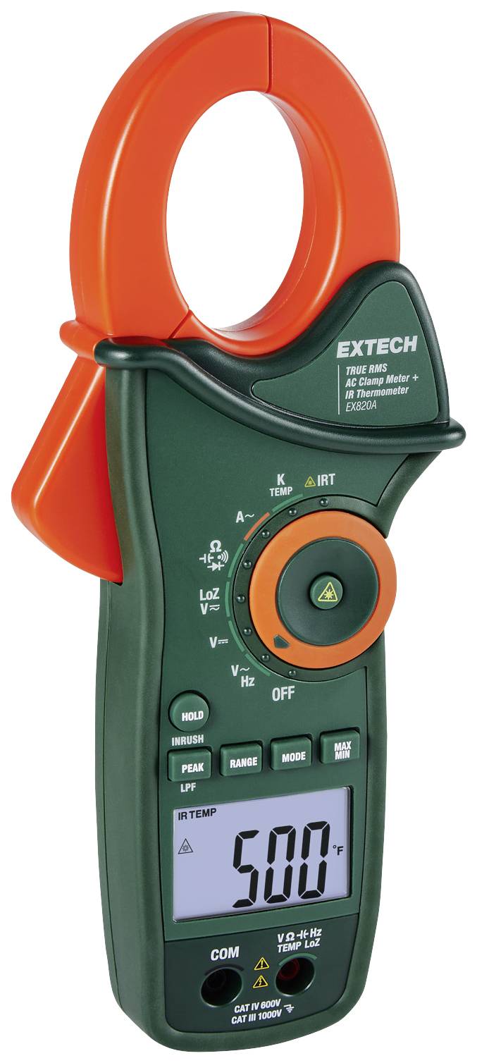 Multimeter met grote klem en digitaal display. Meetbereik toont '500'. Geschikt voor stroommetingen in elektrische toepassingen.