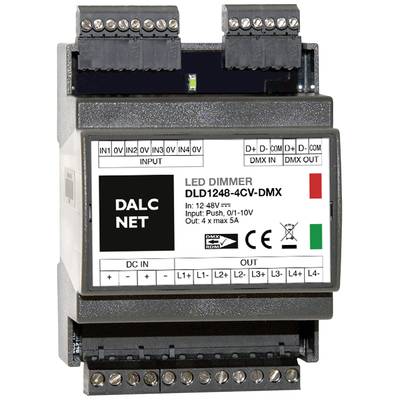 LED-dimmermodule, model DLD1248-4CV-DMX. Ingangen: 12-48V, Push, 0/1-10V. Uitgang: 4x5A max. Bestuurt via DMX-netwerk.