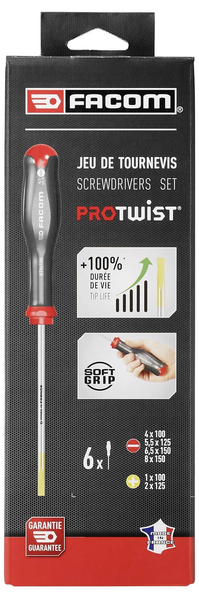 'Facom Schroevendraaierset Protwist, 6-delig, met zachte softgrip-handgreep voor +100% grip, bevat 4x100, 1x150 en 2x125 schroevendraaiers.'