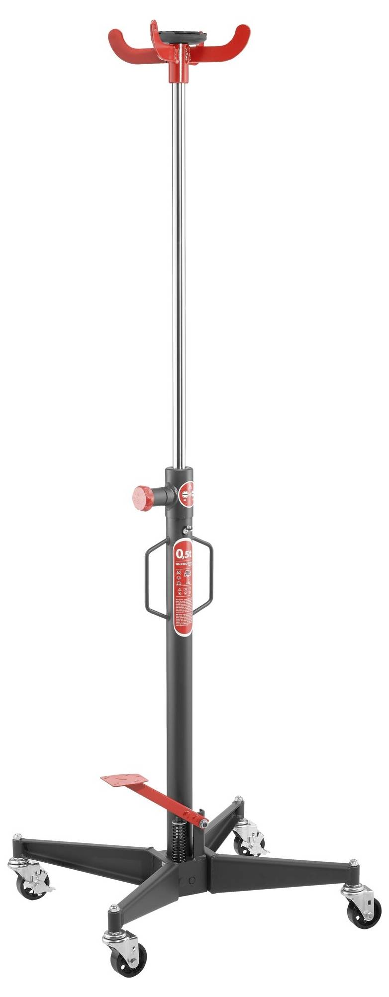 Een zwarte montagebak met rode handgrepen en wielen. Gebruikt voor ondersteuning van voertuigonderdelen tijdens reparatiewerkzaamheden.