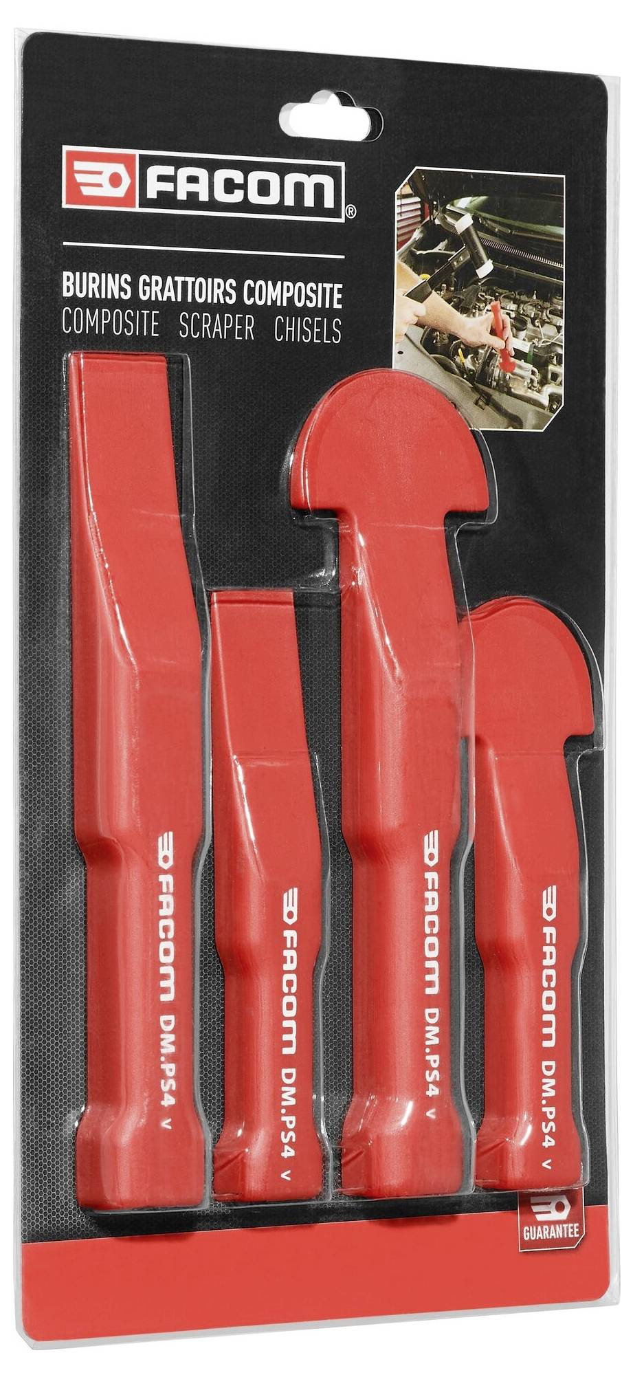 Een set van vier rode schroevers en beitels van het merk Facom, weergegeven in een transparante verpakking.