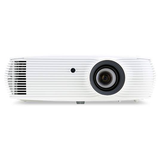 Een witte projector met een groot objectief in het midden, geschikt voor presentaties of thuisbioscoop.