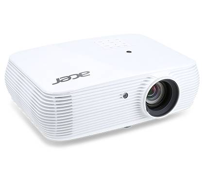 Een witte projector met een afgerond ontwerp, waarbij de lens zichtbaar is aan de rechterkant. Het Acer-logo bevindt zich bovenaan.