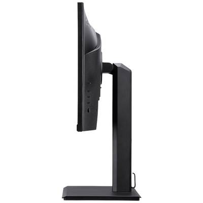 Een zwarte computermonitor met zijdelingse weergave op een standaard, die de slanke constructie en verstelbare opties benadrukt.