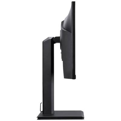 Zijaanzicht van een slanke computerscherm op een rechthoekige voet, toont minimale dikte en moderne vormgeving.