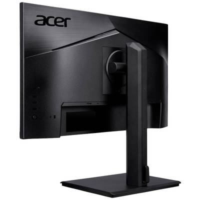 Een zwart computerscherm van Acer met een slanke, moderne vormgeving en een stabiele voet, zijaanzicht.