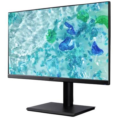 Een computermonitor die een aquatisch geïnspireerd achtergrondbeeld vertoont met blauwgroene tinten en transparante vormen.