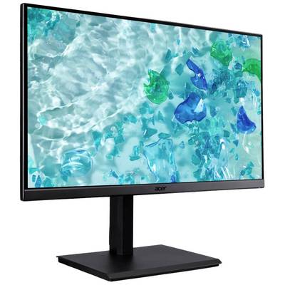 Een zwarte computermonitor toont een abstract beeld met blauw-groene golfvormen.