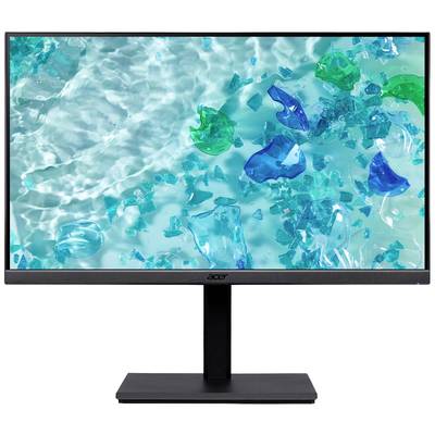 Een monitor met een zwarte rand toont op het scherm een afbeelding van blauw water en gekleurde glasstukken in verschillende kleuren.