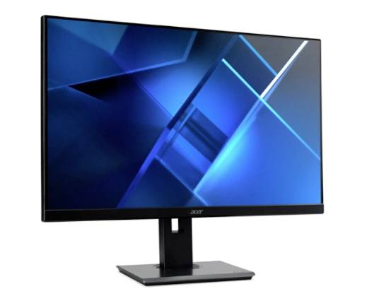 Een monitor met een zwarte rand en voet toont een abstract blauw geometrisch patroon op het scherm.