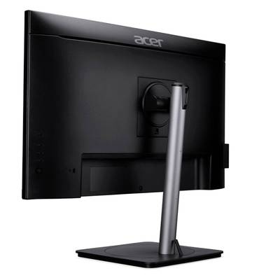 Een zwarte computermonitor van het merk Acer, achterkant zichtbaar met een stabiele standaard.