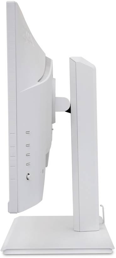 Zijaanzicht van een witte computerscherm op een brede voet, zonder zichtbare inhoud op het scherm.