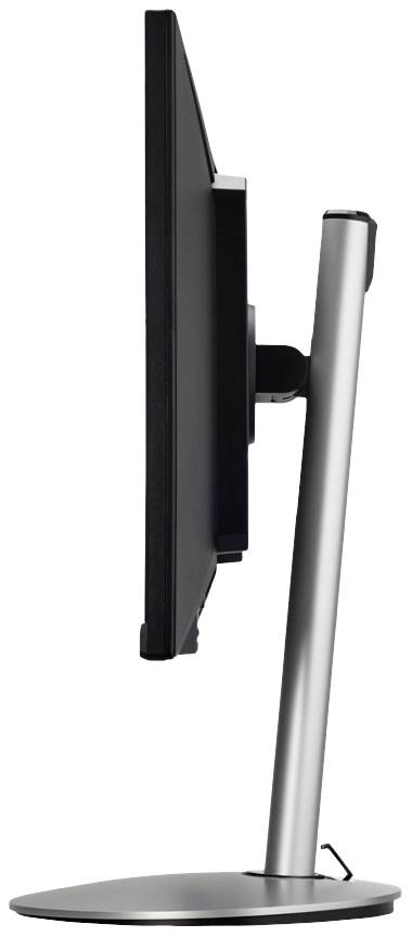 Zijaanzicht van een moderne computerscherm met een slanke zilveren voet. Het scherm is naar links gericht.