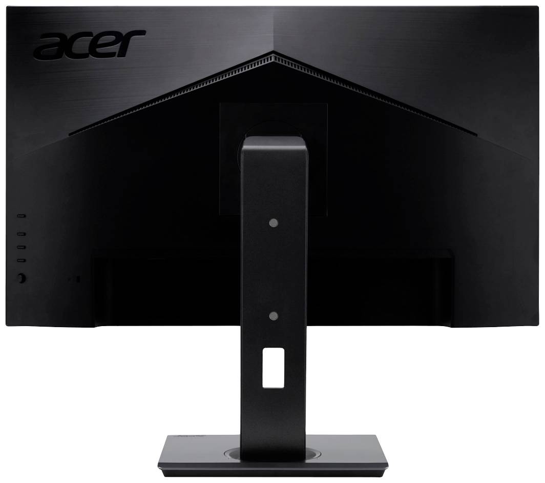 Een zwart computerscherm van achteren, met het 'Acer' logo linksboven. Het scherm staat op een rechthoekige standaard.