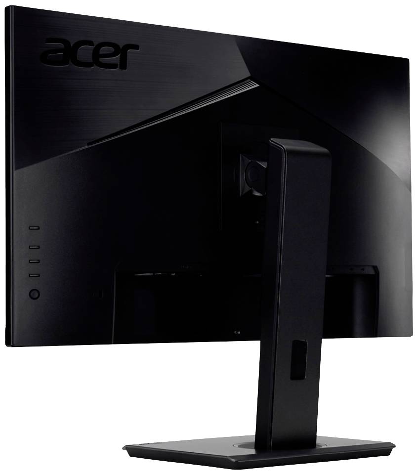 Een zwarte Acer-computermonitor van achteren, gemonteerd op een rechthoekige voet.
