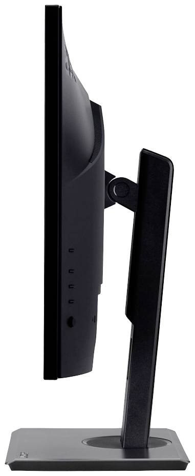 Een platte, zwarte computermonitor gezien van opzij, staand op een rechthoekige voet.