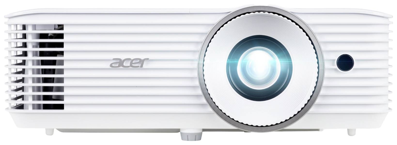 Een witte projector met een verlicht objectief, geschikt voor presentaties of filmvertoningen.