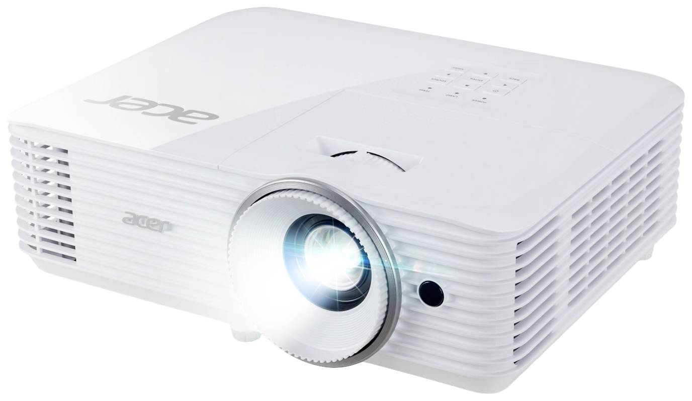 Een witte projector toont een heldere lens aan de voorkant. Geschikt voor presentaties of thuisbioscoop-toepassingen.