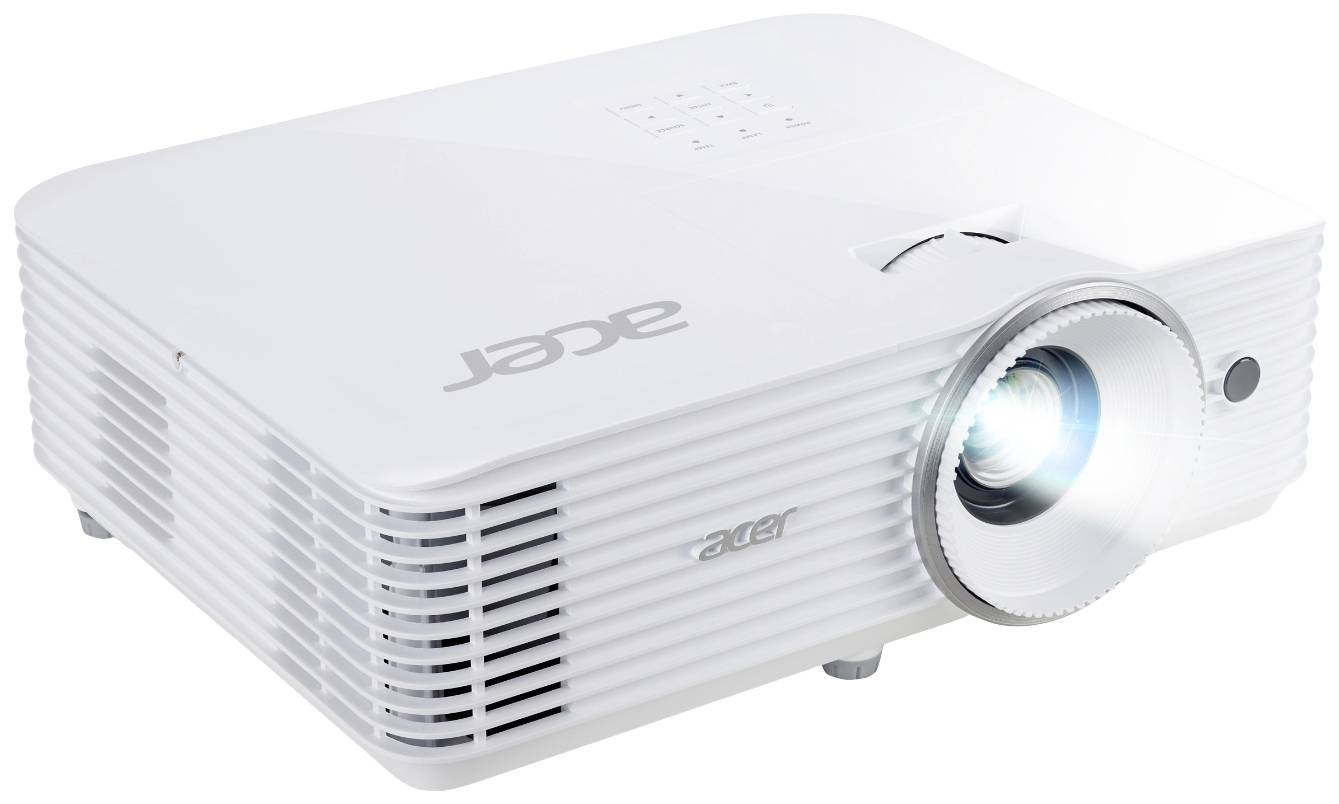 Een witte projector die licht projecteert. Op de bovenkant is het merklogo zichtbaar.