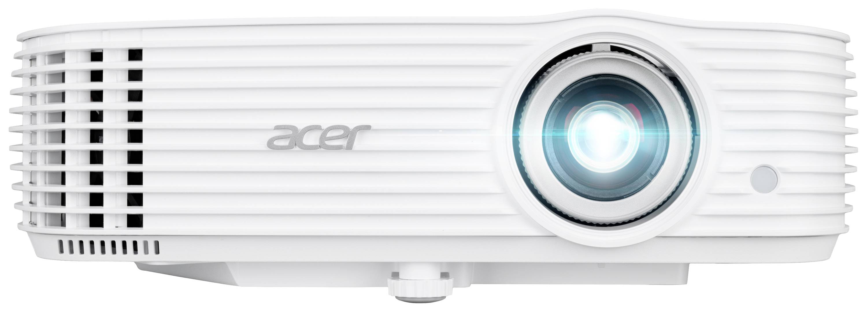 Een witte projector met een verlichte lens, met de merknaam 'acer' op de voorkant.