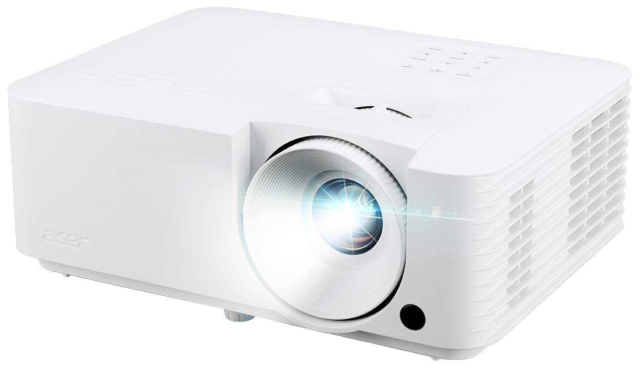 Witte projector in gebruik met zichtbare lichtbundel, geschikt voor presentaties of thuisbioscoop.