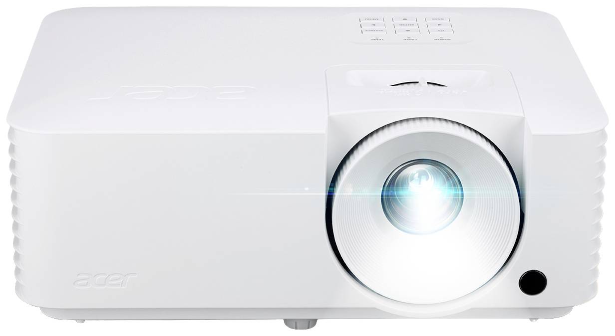 Een witte projector met verlicht objectief, geschikt voor presentaties of thuisbioscoop.