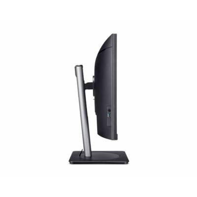Zijaanzicht van een zwarte computermonitor op een rechthoekige voet, toont het slanke en moderne ontwerp van de monitor.
