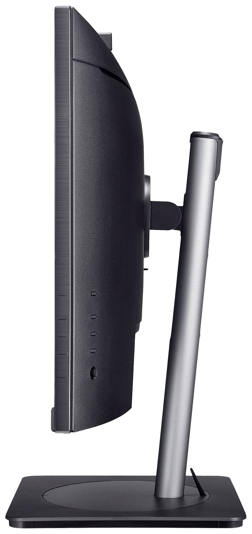 Een moderne computerscherm van opzij gezien, met een slanke, gebogen vormgeving en een robuuste, verstelbare standaard.