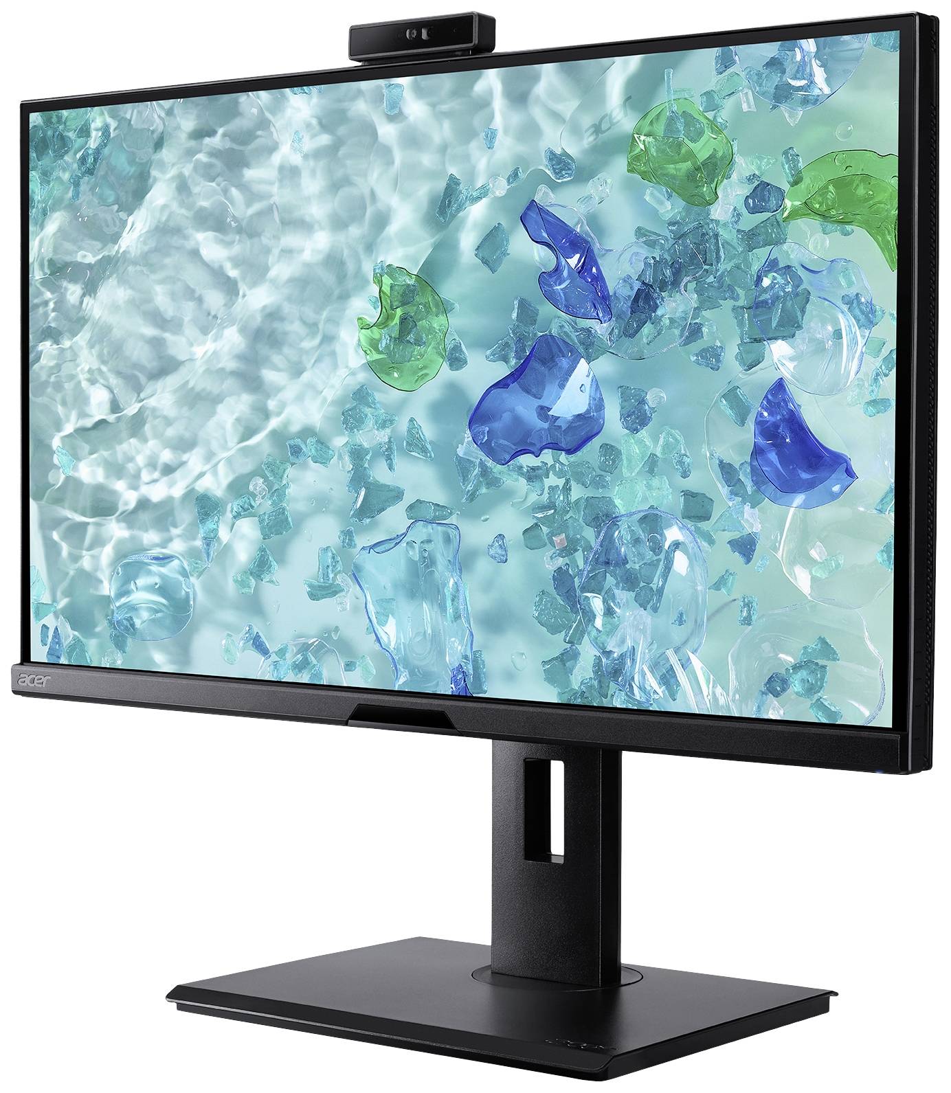 Een computerscherm met een geïntegreerde schuifbalk boven een standaard. Op het display een achtergrond met blauwe en groene glaspatronen.