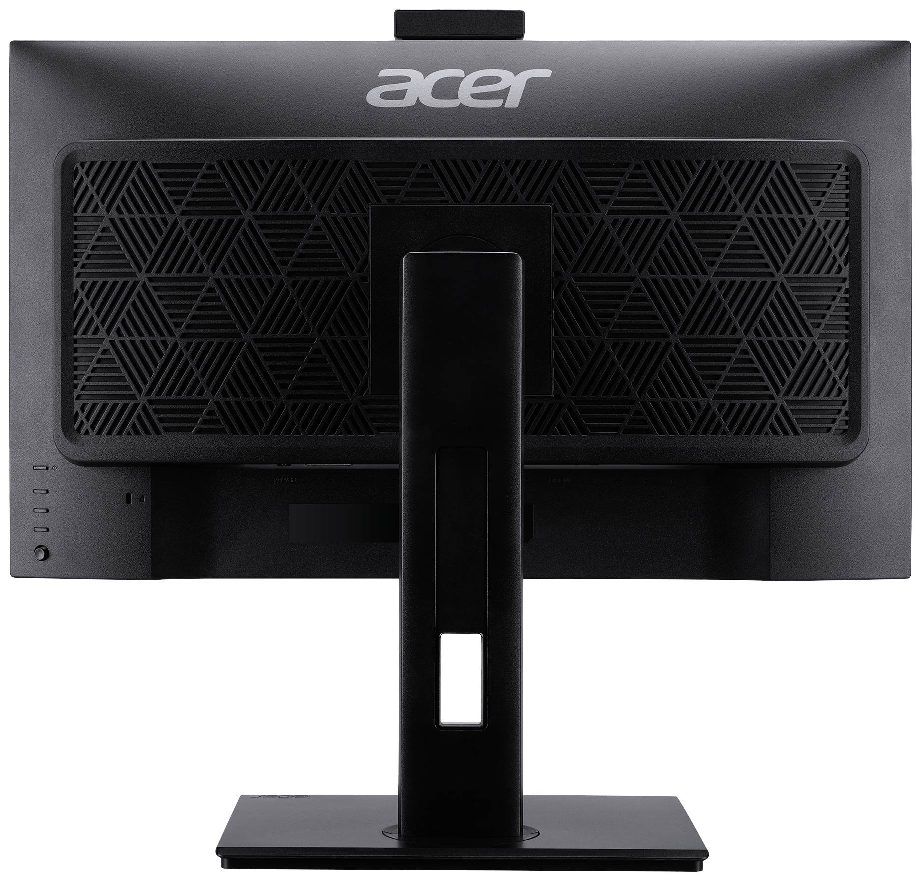 Achterkant van een Acer-monitor met een rechthoekige voet. Zwart met een geometrisch patroon in het ontwerp.