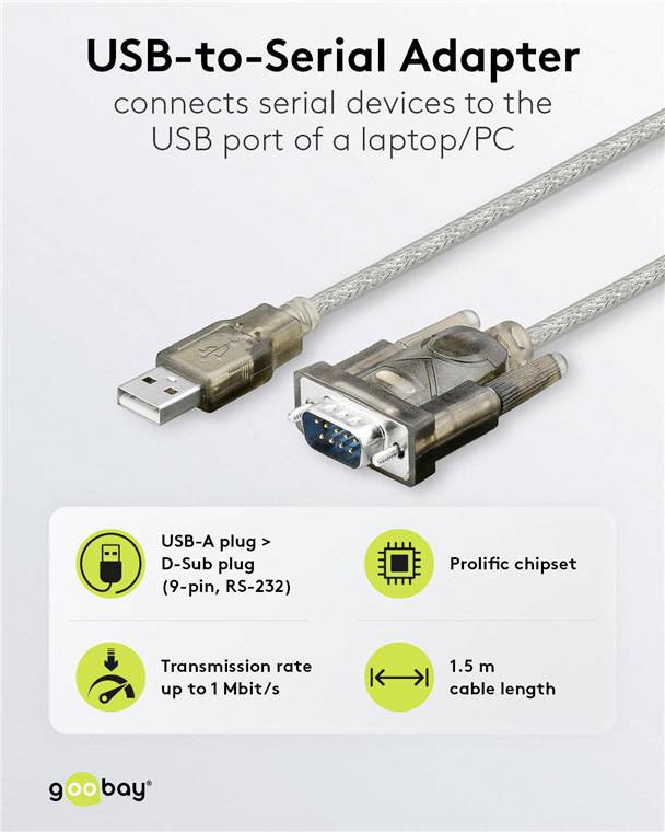 'USB-naar-serieel-adapter met USB-A- en D-Sub-connector, Prolific-chipset, overdrachtssnelheid tot 1 Mbit/s, 1,5 m kabellengte.'